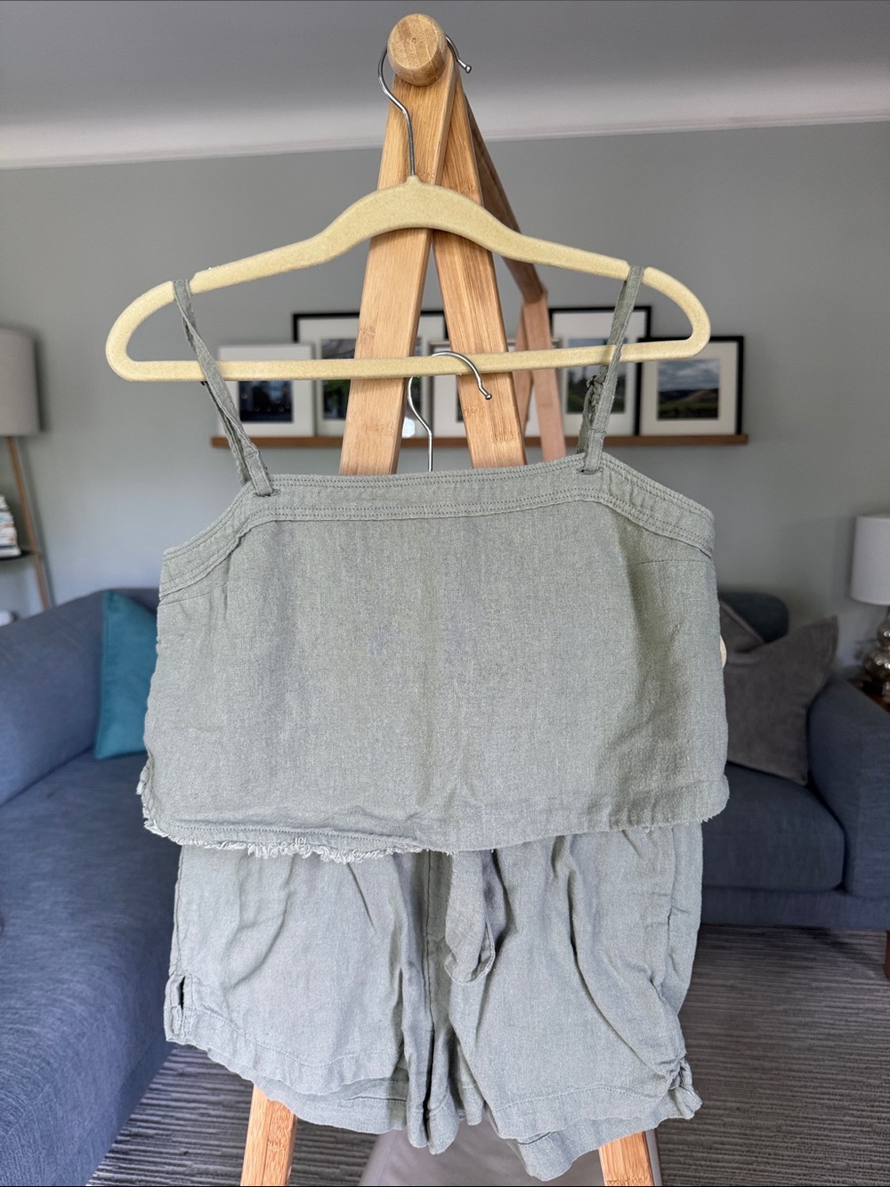 Abercrombie & Fitch Sage Green Linen Cotten Blend Crop Top and Short Set - XS